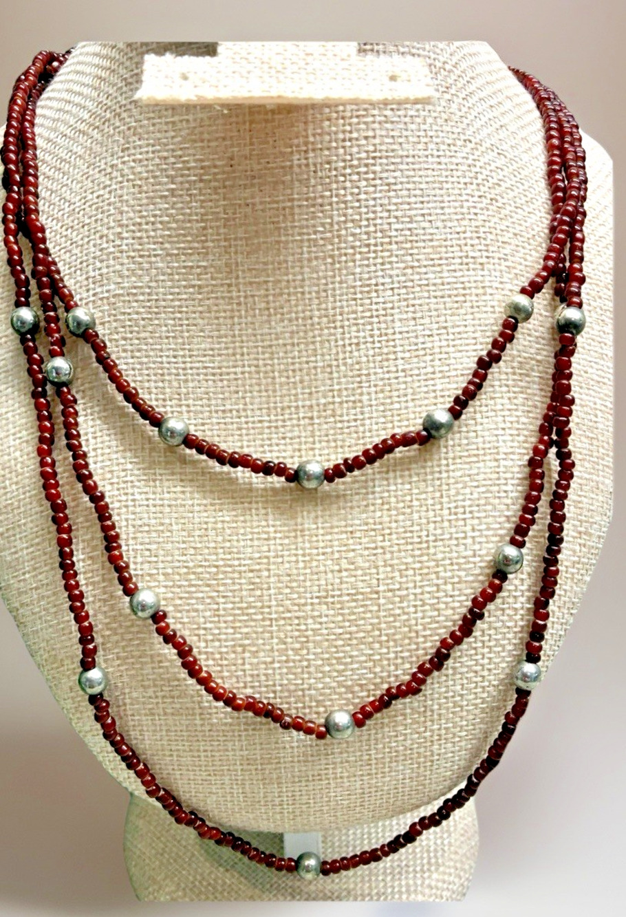 Vintage 3-Strand Red Seed Bead Necklace with Silver Tone Station Beads 24β L3
